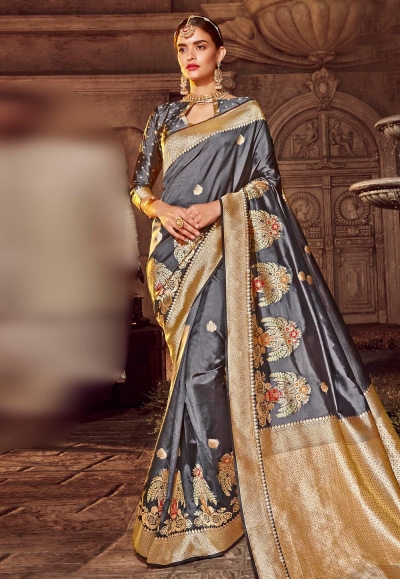 Grey banarasi silk saree with blouse 96670