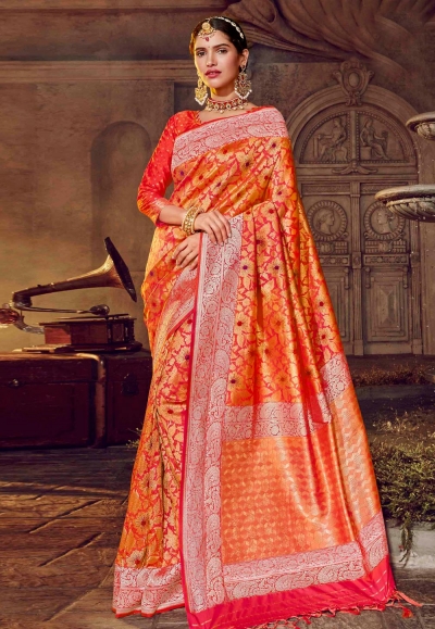 Orange banarasi silk festival wear saree 96663