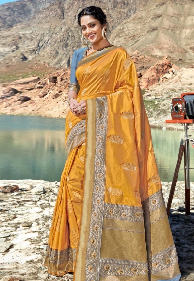 Yellow banarasi silk festival wear saree 96678