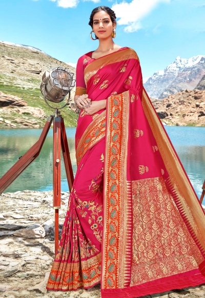 Pink banarasi silk saree with blouse 96683