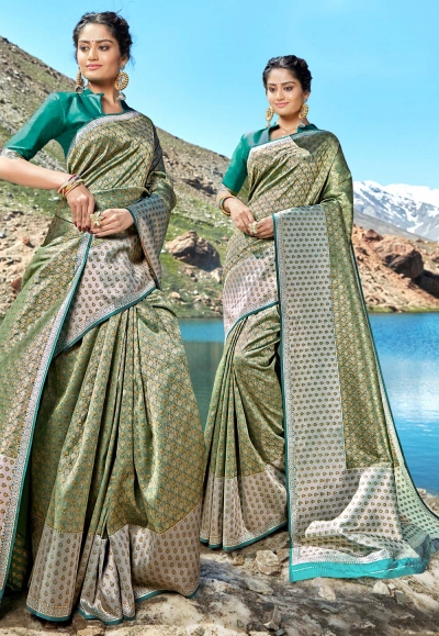 Green banarasi silk saree with blouse 96687