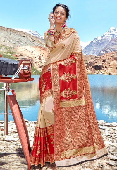 Beige banarasi silk saree with blouse 96679