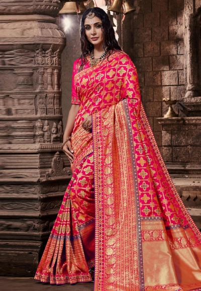 Pink banarasi silk saree with blouse 96644
