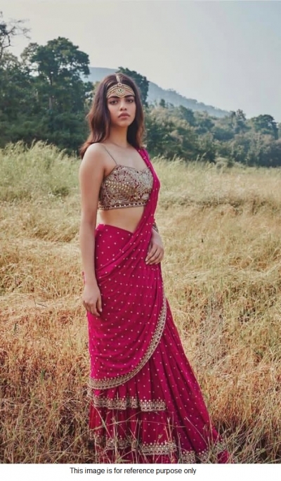 Bollywood model pink mirror work ruffle saree