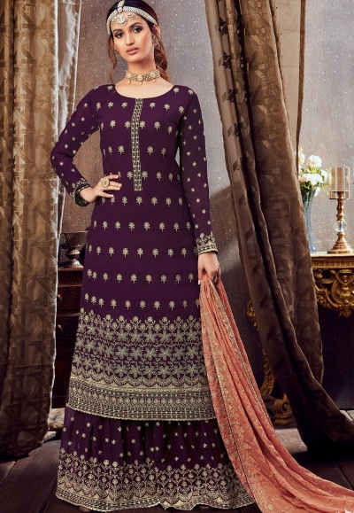 purple georgette embroidered palazzo suit 6166