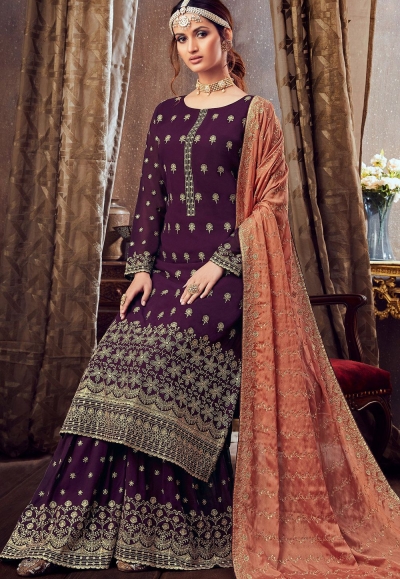 Purple Palazzo style Suit Faux Georgette