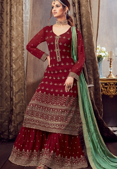 Shamita Shetty Maroon Peplon Style Embroidered Palazzo Suit main image 1