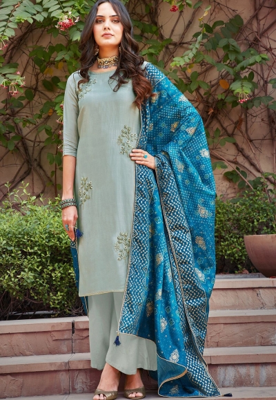 grey art silk khatli embroidered palazzo suit 1403