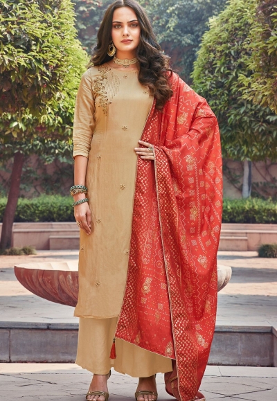 beige art silk khatli embroidered palazzo suit 1401