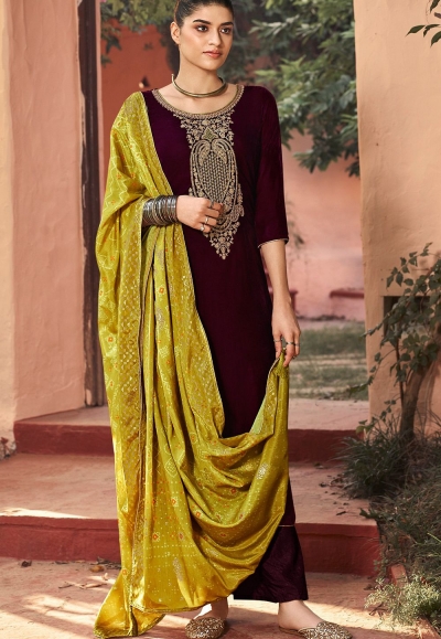 brown velvet embroidered palazzo suit 9001