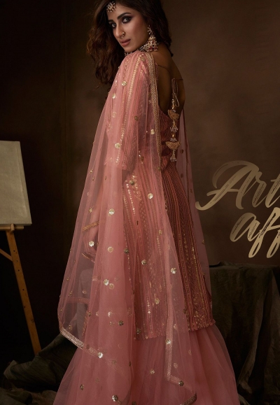Women Onion Pink Net Embroidered Sharara Suit