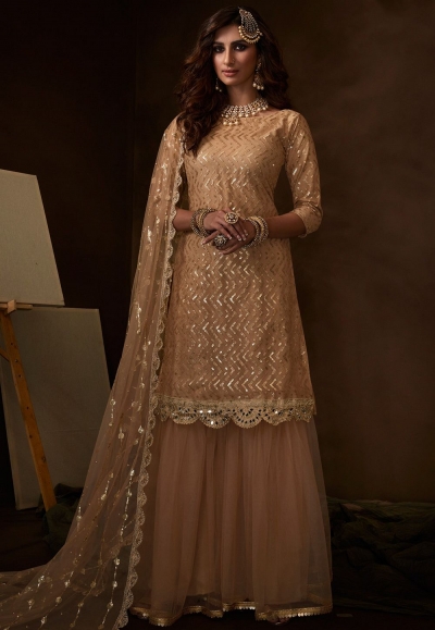 pastel beige embroidered sharara pakistani style suit 4205