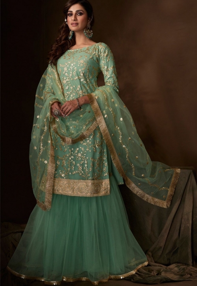 sea green embroidered sharara pakistani style suit 4210