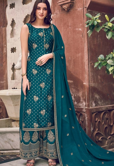turquoise jacquard embroidered palazzo suit 6710