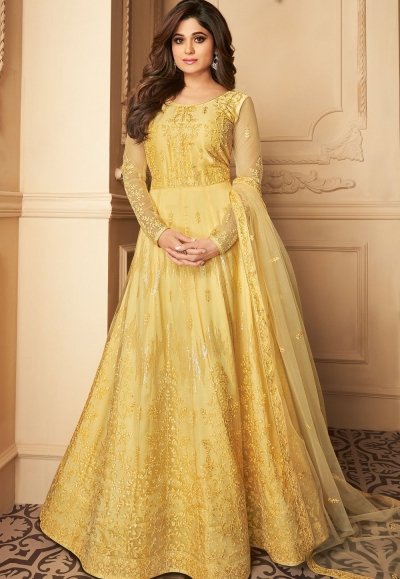 shamita shetty yellow net abaya style anarkali suit 7176