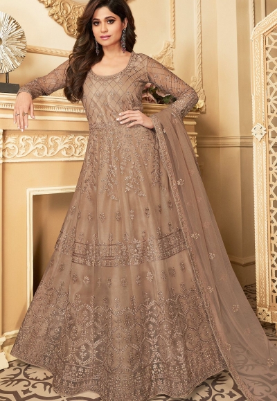 shamita shetty beige net abaya style anarkali suit 7175