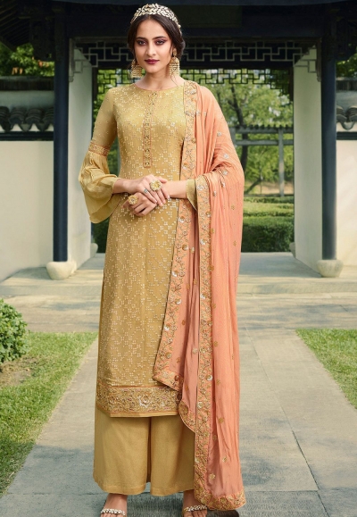 beige viscose silk embroidered palazzo suit 18097