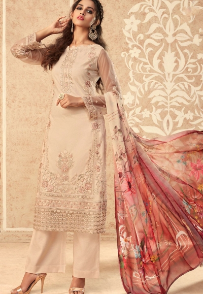 beige net embroidered straight trouser suit 36007