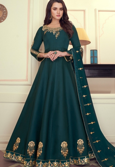 turquoise art silk embroidered long anarkali suit 9075