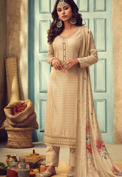 beige chinon embroidered straight trouser suit 84003