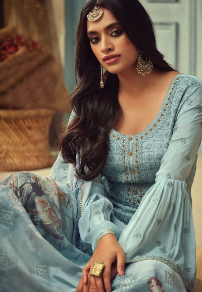 Women sky blue chinon silk embroidered dhoti style suit