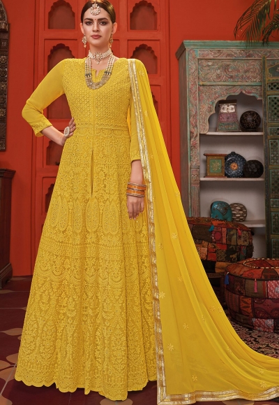 yellow georgette embroidered front slit long anarkali suit 1001