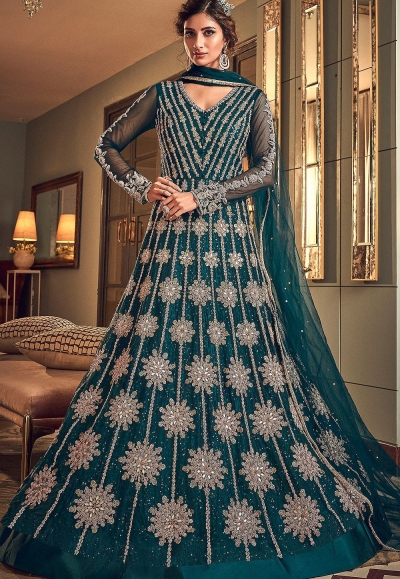 blue net embroidered floor length anarkali suit 6502