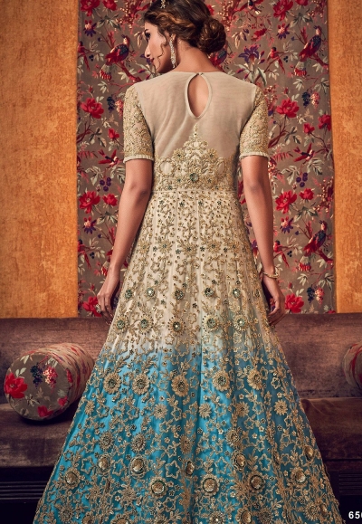 Sea Green Frilled Cuffs Net Lehenga Style Anarkali Suit main image 1