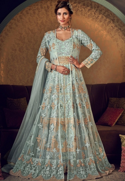 sky blue net embroidered anarkali gown suit 6509
