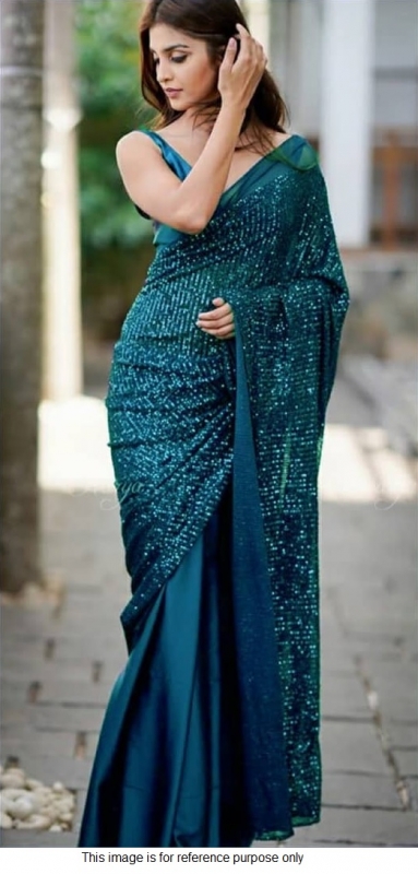 Bollywood model Georgette teal blue sequins half and half saree