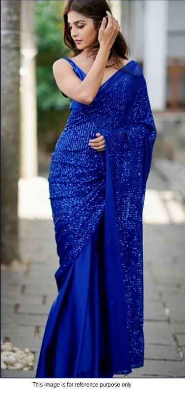 Bollywood model Georgette royal blue sequins half and half saree