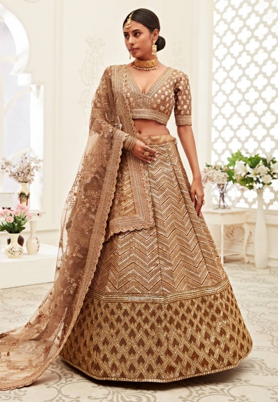 Brown silk embroidered sequence work lehenga choli 16046