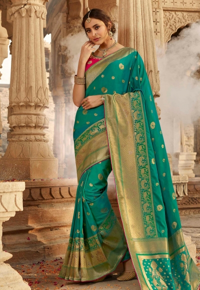 Teal silk saree with blouse 13337