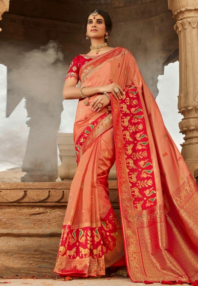 Peach silk festival wear saree 13341