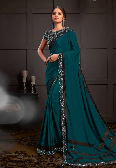 Teal silk georgette sequins work saree 21206