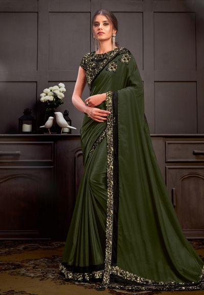 Green silk georgette sequins work party wear saree 21212