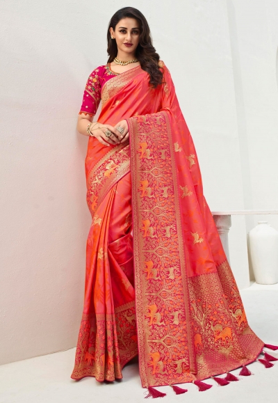 Pink banarasi silk saree with blouse 10094