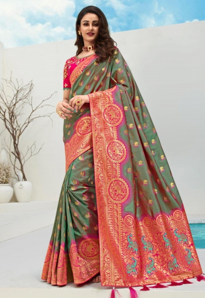 Green banarasi silk saree with blouse 10093