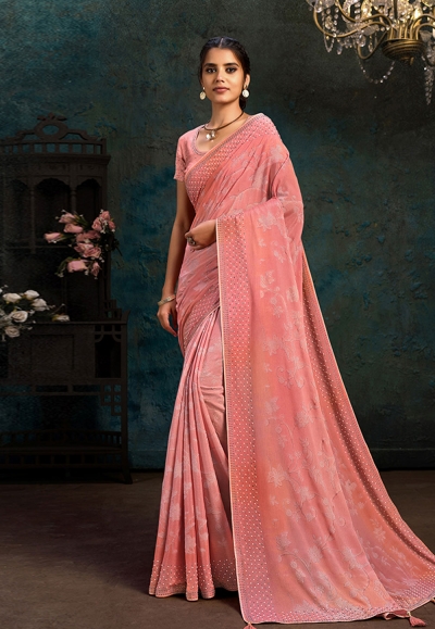 Pink chiffon saree with blouse 21109