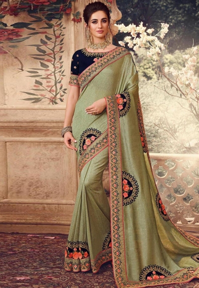 Light green silk embroidered party wear saree 1063