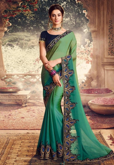 Green georgette embroidered festival wear saree 1068
