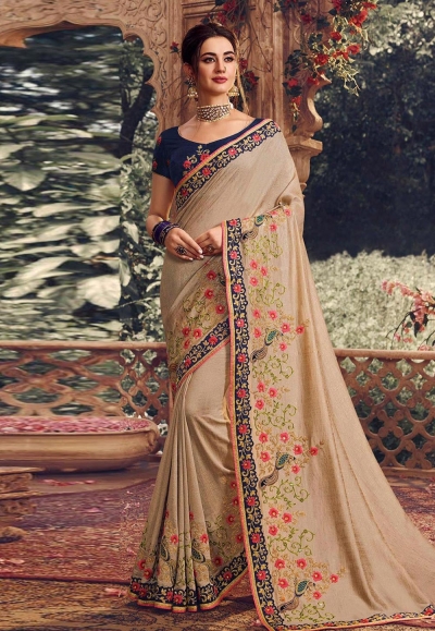 Beige silk embroidered party wear saree 1072