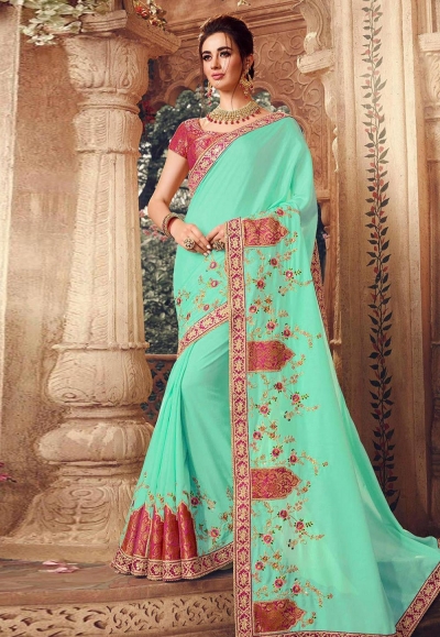 Light green silk embroidered festival wear saree 1074