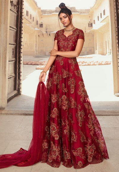 Maroon net floor length anarkali suit 5606