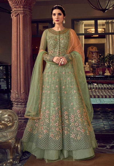 Light green net embroidered indo western lehenga choli 6802