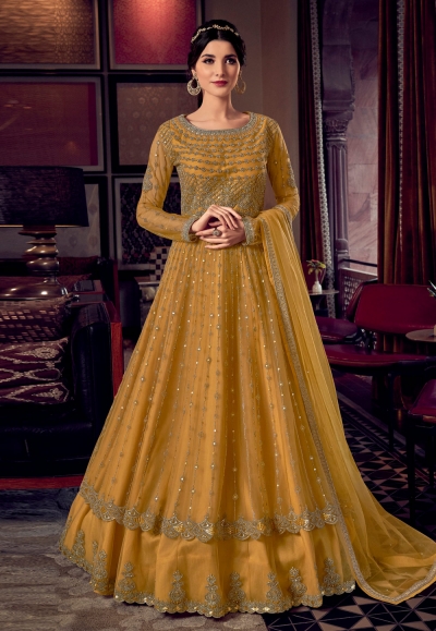 Yellow net embroidered layered long choli lehenga 6803