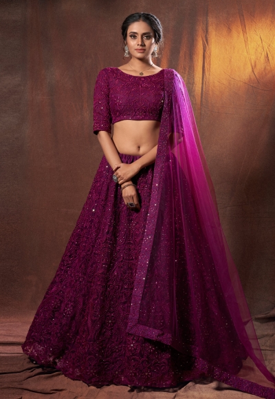 Magenta net sequins work lehenga choli 6308