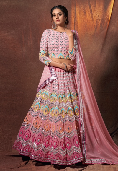 Pink georgette mirror work lehenga choli 6310