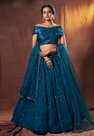 Blue net sequins work designer lehenga choli 6314