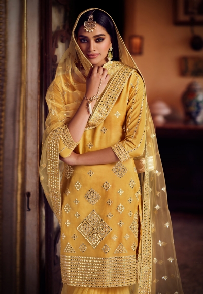 Floral Embroidered Mustard Shimmer Organza Sharara Suit main image 0